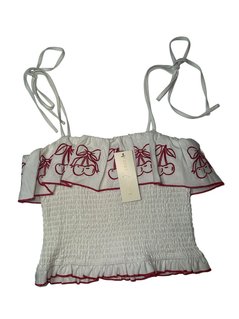 White Smocked Cherry-Print Tie-Strap Crop Top